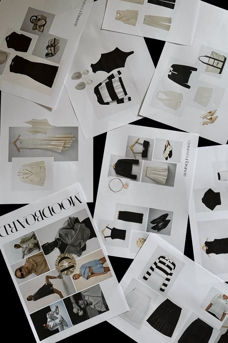 Flat lay of curated monochrome fashion mood boards featuring minimalist black, white, and neutral-toned outfits, accessories, and style inspiration sheets.